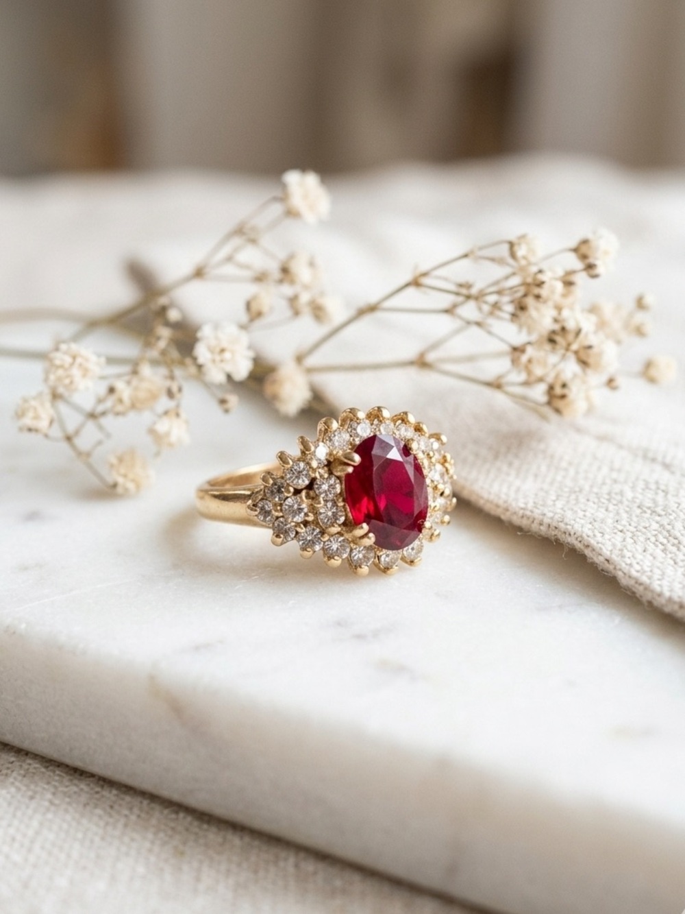 RADIANT VINTAGE ROMAN RUBY HALO STATEMENT COCKTAIL RING, Sz. 5